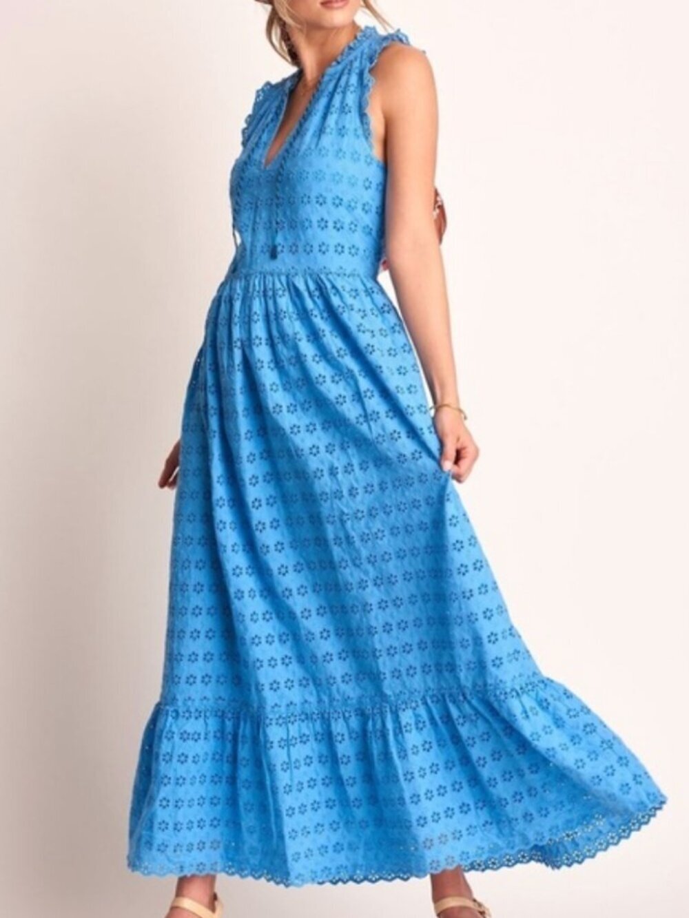 Hatley Blue Eyelet Emma Maxi Dress Organic Cotton Sleeveless Tassel Tiered S